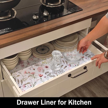Leaf Floral Shelf Liners Non Adhesive and Strong Non-Slip Shelf and Drawer Liners for Kitchen Cabinet Wire Fridge, Waterproof Shelf Drawer Liner,Easy to Clean,12IN x 10FT
