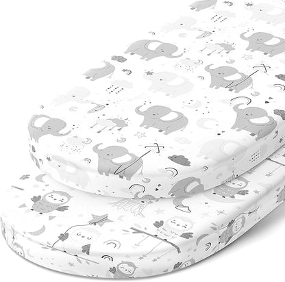 Moses Basket Fitted Sheets for 11 x 29 Inch Oval Bassinet Mattress – Snuggly Soft 100% Jersey Cotton – Owls and Elephants – 2 Pack