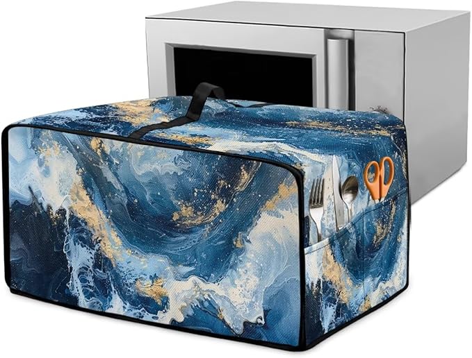 Blue Golden Marble Texture Print Microwave Oven Cover Dust-Proof Polyester-Linen Fabric Toaster Oven Cover Easy to Clean Microwave Grill Cover Protector with Top Handle, L