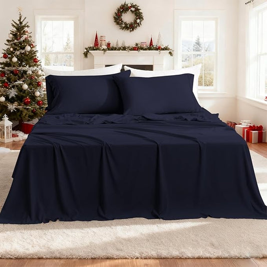 Full Size Sheet Set - 4 Piece Silky Soft Breathable Bed Sheet & Pillowcase Set, 16" Deep Pocket Hotel Luxury Wrinkle Free Easy Care Bedding Sheets, Dark Blue