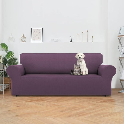 LURKA Stretch Sofa Slipcovers 1 Piece Couch Covers for 3 Cushion Couch Sofa Furniture Protector Full Sofa Covers with Elastic Bottom for Kids and Dog (Large, Purple)