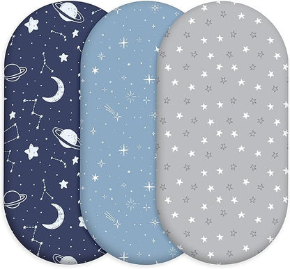 Baby Bassinet Sheets 3 Pack, Fitted Cradle Sheets for Boys & Girls, Ultra Soft Breathable 32" x 16", Universal Fit for Rectangle Round Oval Hourglass Mattress (Blue Gray Planet)