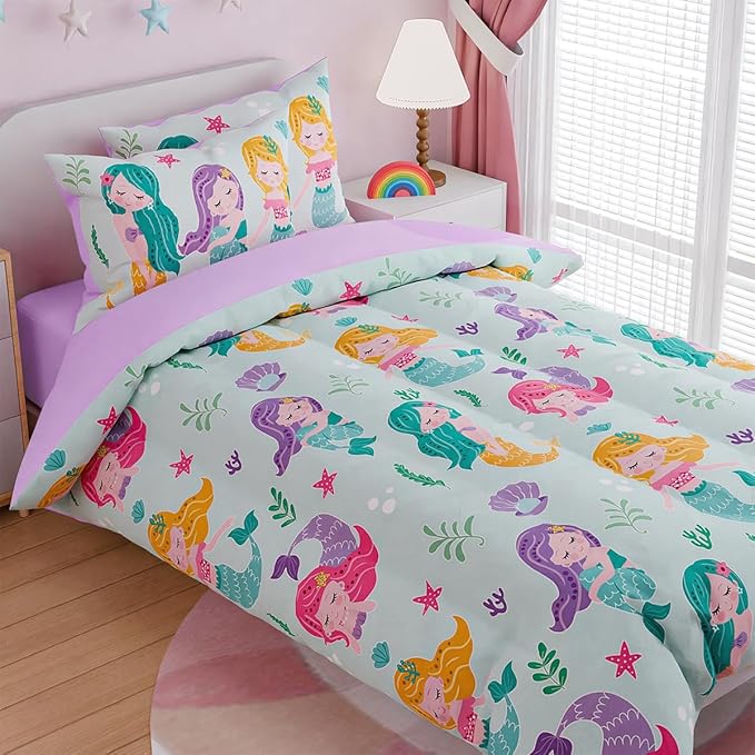 SANDJEST Mermaid Bedding Twin for Girls, Ultra Soft Microfiber Comforter Set Twin Size with 3-Pieces, Comforters Bed Sets for Kid Children Teen Tween Bedroom Decor