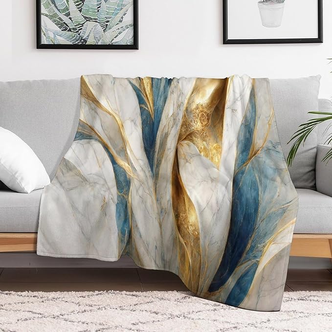 Abstract Marble Blanket, Modern Luxury Baroque Golden Blue White Stone Veins Pattern Soft Warm Cozy Plush Flannel Covers for Livingroom Bedroom Couch Chair Camping Travel Home Decor Tapestry 50x60in