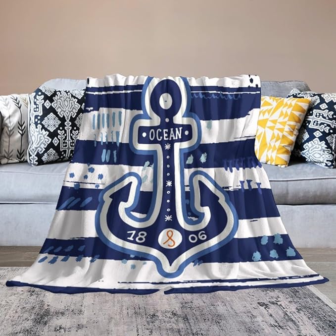 Nautical Anchor Blanket Modern Cartoon Anchor Ocean Adventure Blue White Soft Cozy Lightweight Throw Blanket for Kids Boys Men Bedroom Living Room Dorm Chair Sofa Travel 70x80in