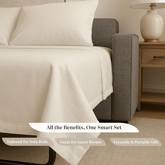 Sleeper Sofa Bed Sheet Set - Full Size 4 PC's Sheet Set Sofa Bed Sheets - 100% Cotton 400 Thread Count Sofa Sheets - Sleeper Sofa Sheets - Fits Mattresses Up to 6" Drop - Ivory