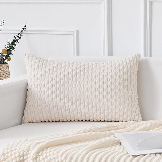 Kevin Textile 12x20 Inch Pillow Cover 1 Pack Boho Christmas Decorative Soft Striped Corduroy Lumbar Farmhouse Color Accent Rectangle Cushion Case for Living Room Couch Sofa Bed, Pure White