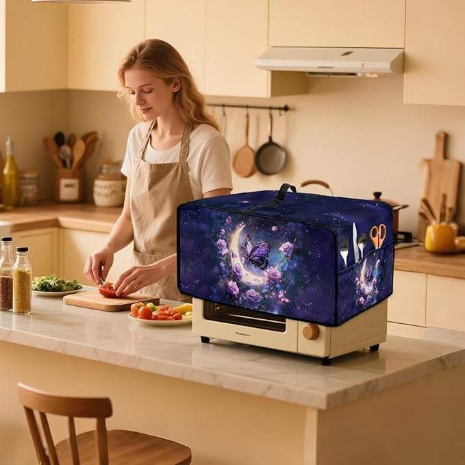 Gorgeous Butterfly Rose Moon Print Microwave Oven Cover Dust-Proof Microwave Oven Grill Cover Protector Kitchen Appliance Protector Dirt and Fingerprint Protection, S