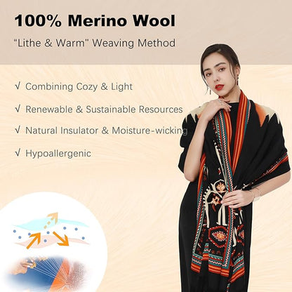DANA XU 100% Merino Wool Extra Large Pashmina Blanket Travel Scarf Cashmere Wrap for Women Fall Winter Oversize Shawl Floral