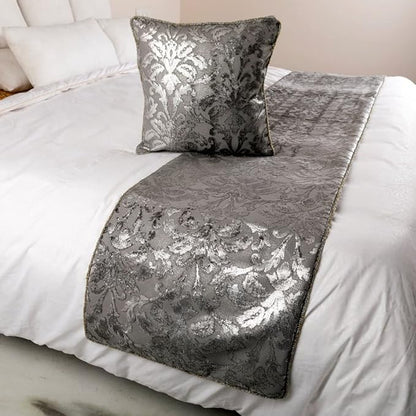 The HomeCentric Silver Bed Runner, Queen Size 74"x18" Decorative Bed Runner with Matching Pillow Cover, Silver & Grey Velvet Bed Scarf in Foil Velvet Bead Border - Silver Glitterati