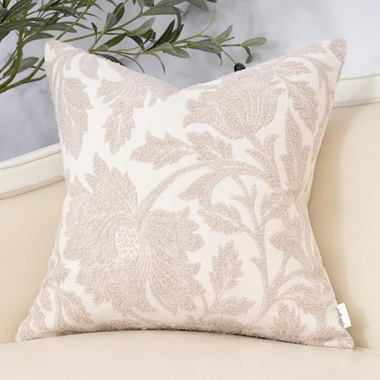 Yangest Chenille Floral Pillow Cover 20 x 20 Inches, Neutral Jacquard Square Throw Pillow Cover Soft Decorative Nature Accent Couch Pillow Cover for Living Room Bedroom, Beige