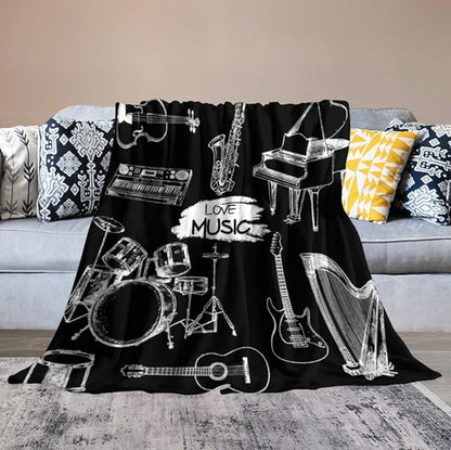 Music Blanket Drums Piano Guitar Black White Abstract Art Printed Soft Cozy Lightweight Throw Blanket for Kids Girls Boys Women Bedroom Living Room Dorm Chair Sofa Travel 50x60in