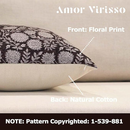 Amor Virisso Floral Throw Pillow Covers 18x18 Block Print Pillow Covers Vintage Neutral Couch Pillows for Living Room Farmhouse Decorative Accent Sofa Pillows, Black