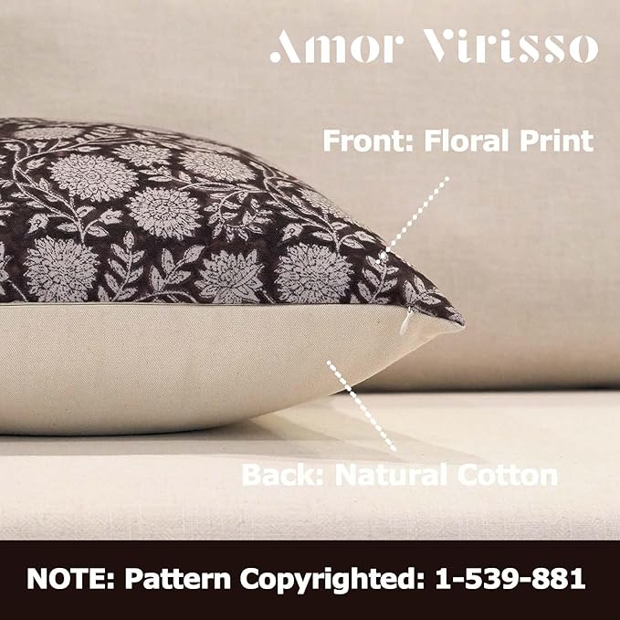 Amor Virisso Floral Throw Pillow Covers 20x20 Block Print Pillow Covers Vintage Neutral Couch Pillows for Living Room Farmhouse Decorative Accent Sofa Pillows, Black