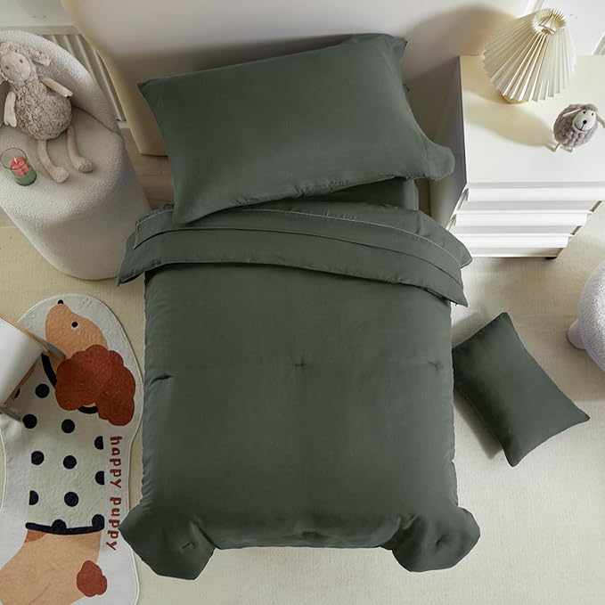 Toddler Bedding Set - 5 Piece Soft and Breathable Toddler Bed Set for Boys and Girls, Includes Quilted Comforter, Fitted Sheet, Flat Top Sheet, Standard Pillowcase and Toddler Pillowcase, Dark Green