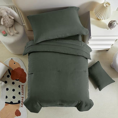 Toddler Bedding Set - 5 Piece Soft and Breathable Toddler Bed Set for Boys and Girls, Includes Quilted Comforter, Fitted Sheet, Flat Top Sheet, Standard Pillowcase and Toddler Pillowcase, Dark Green