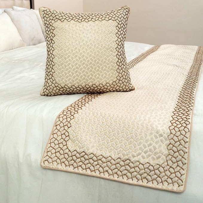 The HomeCentric King/Queen/Twin Ivory & Gold Designer Twin 53"x18" Bed Runner Without Pillow Cover, Mosaic & Beaded Bed Scarf on Jacquard Fabric - Tessellation