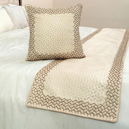The HomeCentric King/Queen/Twin Ivory & Gold Designer Queen 74"x18" Bed Runner Without Pillow Cover, Mosaic & Beaded Bed Scarf on Jacquard Fabric - Tessellation