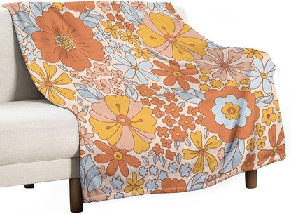 Retro 70s Floral Blanket, Hippie Summer Groovy Flower Power Flower Boho Print Throw Blanket for Couch Sofa Couch Chair 40"x50"