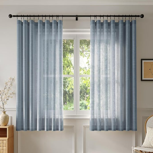Anmao Natural Linen Curtains for Living Room 54 Inch Length 2 Panels Set, Light Filtering Semi Sheer Window Curtain Drapes for Bedroom with Curtain Rings and Clips, 52Wx54L, Haze Blue
