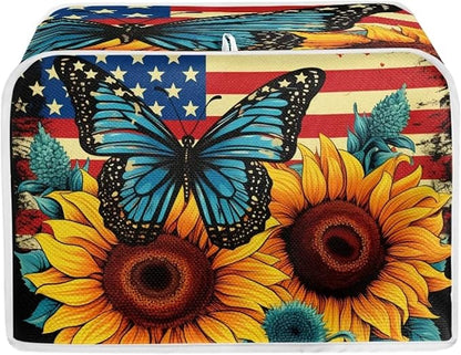Sunflower Butterfly Print Toaster Cover 4 Slice American Flag Small Kitchen Appliance Cover, Washable Oven Protector Anti-dust Bread Maker Protector