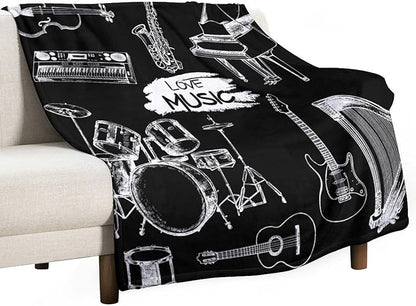 Music Blanket Drums Piano Guitar Black White Abstract Art Printed Soft Cozy Lightweight Throw Blanket for Kids Girls Boys Women Bedroom Living Room Dorm Chair Sofa Travel 50x60in