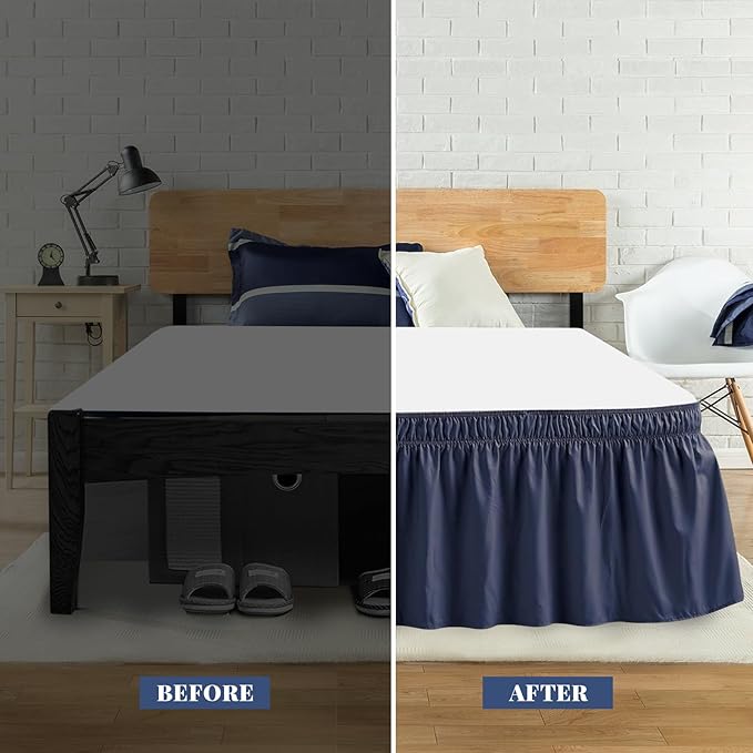 Twin Bed Skirt, Elastic Wrap Around Bed Skirt Twin Size, Bed Skirts for Adjustable Bed, Easy Fit with 18" Drop Length Tailored Drop Dust Ruffle (Navy)
