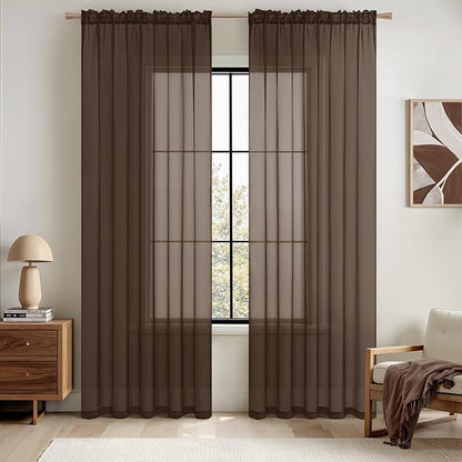 MIULEE Chocolate Brown Sheer Curtains 72 Inches Long 2 Panels, Light Filtering Voile Drapes with Rod Pocket for Bedroom and Living Room Windows