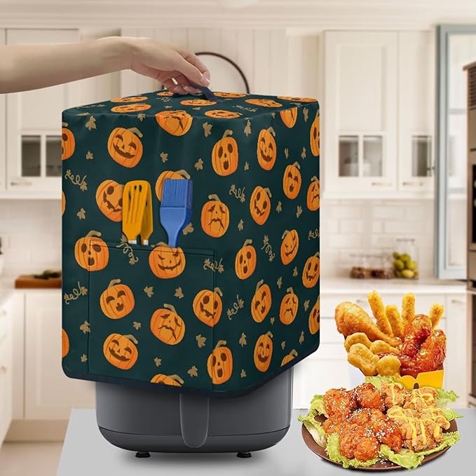 Air Fryer Cover Dust-Proof Kitchen Appliance Cover with Top Handle and Pockets Keep Kitchen Appliance Clean Washable Halloween Decoration, Funny Pumpkin