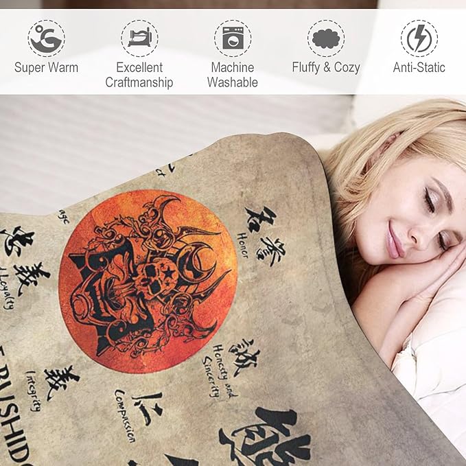 Samurai Warrior Japanese Throw Blanket - Gifts for Boys Men Kids Adults - Soft Warm Cozy Fleece for Couch Sofa Bed 60"x80"