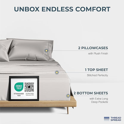 THREAD SPREAD 100% Egyptian Cotton Split King Sheets Sets for Adjustable Bed - Luxury 1500 Thread Count Split Top King Sheets (5 PC, Light Grey), Soft, Cooling, Sateen Weave 17" Deep Pocket Sheet Set