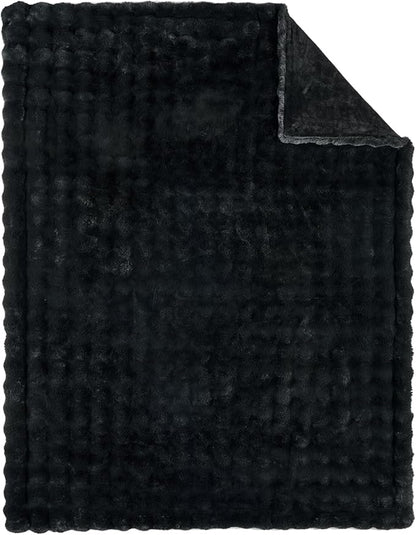 Lotus Karen Faux Fur Blanket - Black Twin Size, Big Bubble Rabbit Fluff, 60x80 Inches