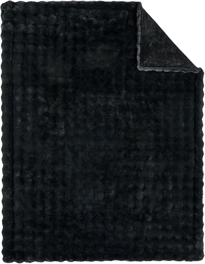 Lotus Karen Faux Fur Throw Blanket Black - Big Bubble Rabbit Fluff Blanket for Couch, Small Fluffy Fuzzy Cozy Blanket, Thick Furry Plush Shaggy Blankets, 50x60 Inches