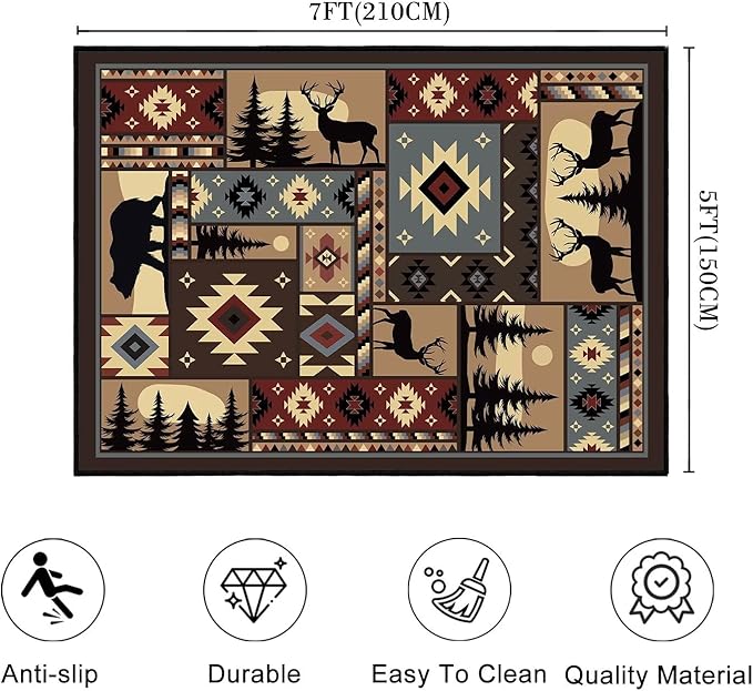 Rustic Rug for Living Room,Cabin Wildlife Area Rug 5x7,Buffalo Plaid Bear Moose Deer Country,Washable Throw Carpet Vintage Carpets Runner Indoor Non Slip Accent Floor Mats for Bedroom,Kids Playroom