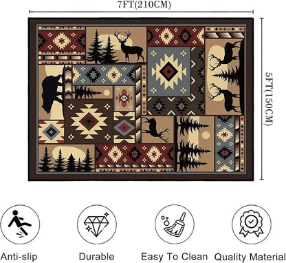 Rustic Rug for Living Room,Cabin Wildlife Area Rug 5x7,Buffalo Plaid Bear Moose Deer Country,Washable Throw Carpet Vintage Carpets Runner Indoor Non Slip Accent Floor Mats for Bedroom,Kids Playroom