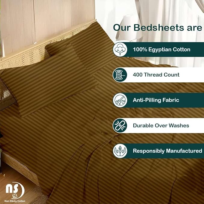 NON Sticky cotton Full Size Sleeper Sofa Sheets, 4 Piece Egyptian Cotton Bed Sheet Set for Sofa Bed, 10" Deep Pocket for Pull Out Couch Mattress, 54" x 75", Taupe Stripe, Soft & Breathable