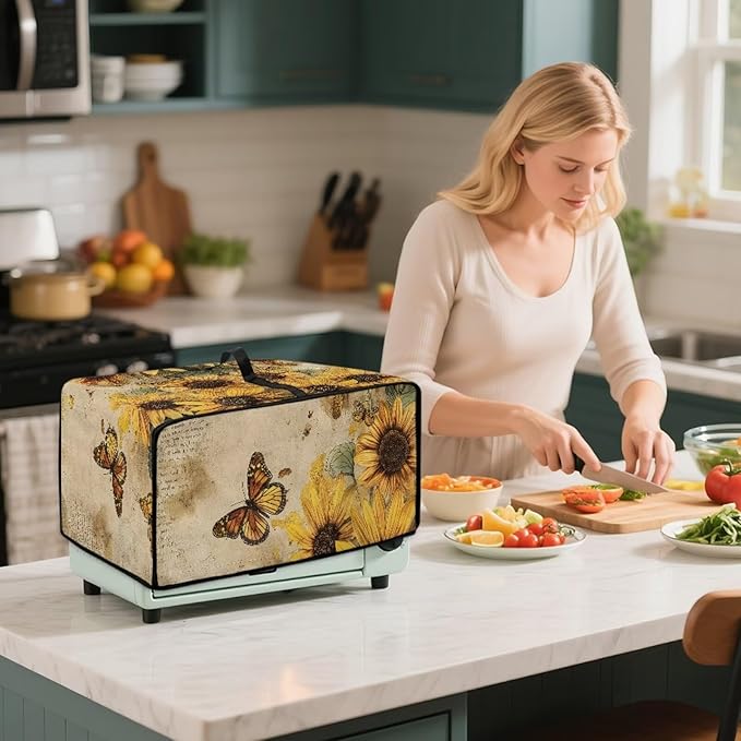 Microwave Oven Dust Cover Dust-Proof Sturdy Microwave Oven Cloth Cover Waterproof Kitchen Appliance Protector Suitable for Most Microwave Ovens, Vintage Sunflower Butterfly Letter Print, L