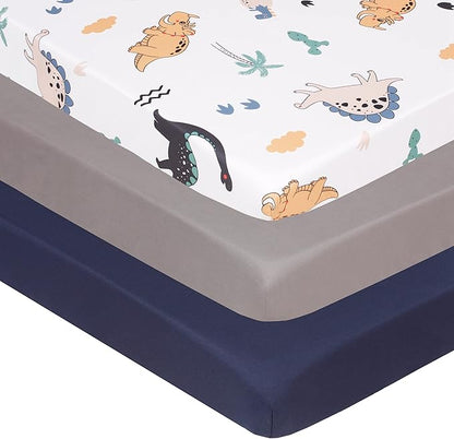 Belsden Pack of 3 Mini Crib Sheet Set, Pack N Play Sheet Set for Baby Boys and Girls, Cloudy Soft Touch and Machine Washable, Fitted Playard/Portable Crib Sheet, Dino & Navy & Gray