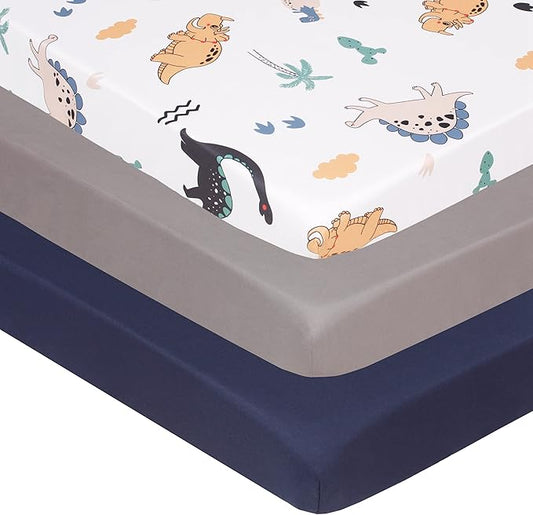Belsden Pack of 3 Mini Crib Sheet Set, Pack N Play Sheet Set for Baby Boys and Girls, Cloudy Soft Touch and Machine Washable, Fitted Playard/Portable Crib Sheet, Dino & Navy & Gray