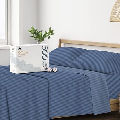 Mayfair Linen 100% Cotton Striped Sheets California King Size Bed Set - 500 Thread Count Damask Sheets Cal King Size 4 PC Set (Light Blue Stripe), Soft, Cooling, Sateen Weave 16" Deep Pocket Bedsheet