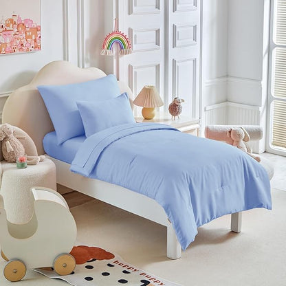 Toddler Bedding Set - 5 Piece Soft and Breathable Toddler Bed Set for Boys and Girls, Includes Quilted Comforter, Fitted Sheet, Flat Top Sheet, Standard Pillowcase and Toddler Pillowcase, Light Blue