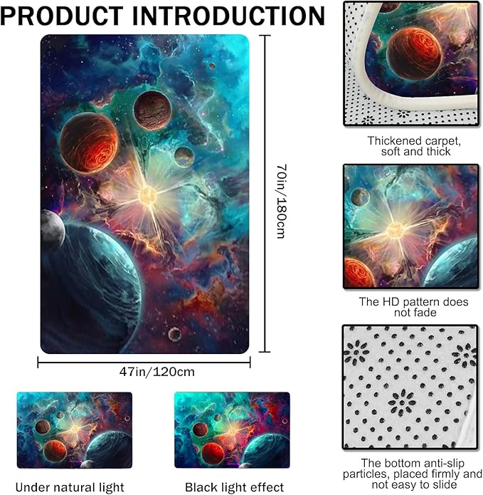 Galaxy Area Rug for Boys Bedroom: 4'x6' Starry Universe Floor Mats for Playroom Washable Solar System Planet Area Rug for Living Room Throw Rugs Pad