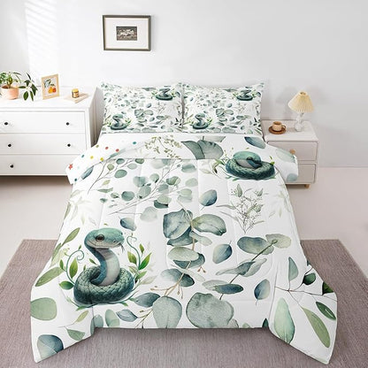 Erosebridal Cute Snake King Comforter Set for Kids Child Green Eucalyptus Bedding Set King, Wild Animal Bedding Comforter Sets Botanical Plant Leaves Duvet Set, Cartoon Wildlife Quilted Comforter