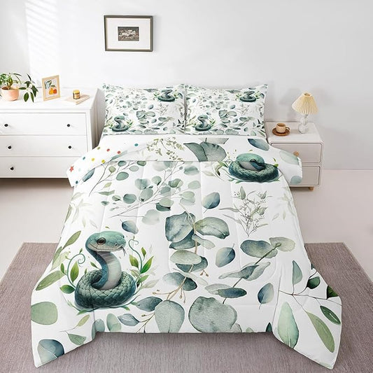 Erosebridal Cute Snake King Comforter Set for Kids Child Green Eucalyptus Bedding Set King, Wild Animal Bedding Comforter Sets Botanical Plant Leaves Duvet Set, Cartoon Wildlife Quilted Comforter