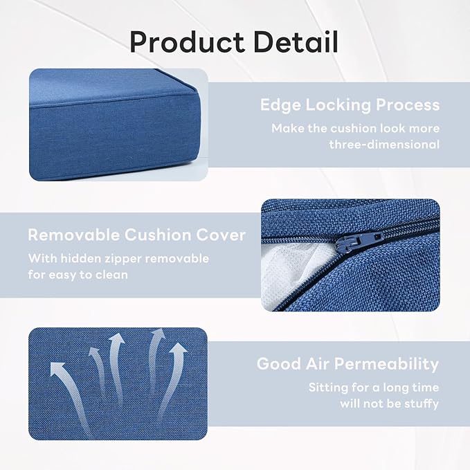 6" Thicker Outdoor Chair Cushion 10 Sets - 24" *24" *6" Waterproof Patio Furniture Cushions with Removable Cover, 28D High Density Sponge Filling Thicken Outdoor Patio Cushions - Blue