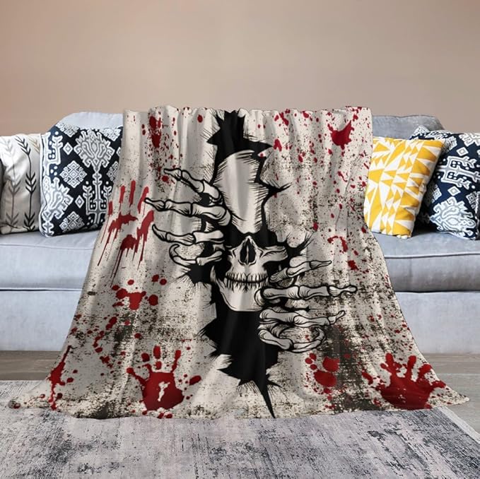 Horror Skull Throw Blanket, Halloween Day of The Dead Vintage Gothic Scary Blood Hand Soft Warm Fleece Blanket for Bed Couch Living Room All Season, 40"x50"