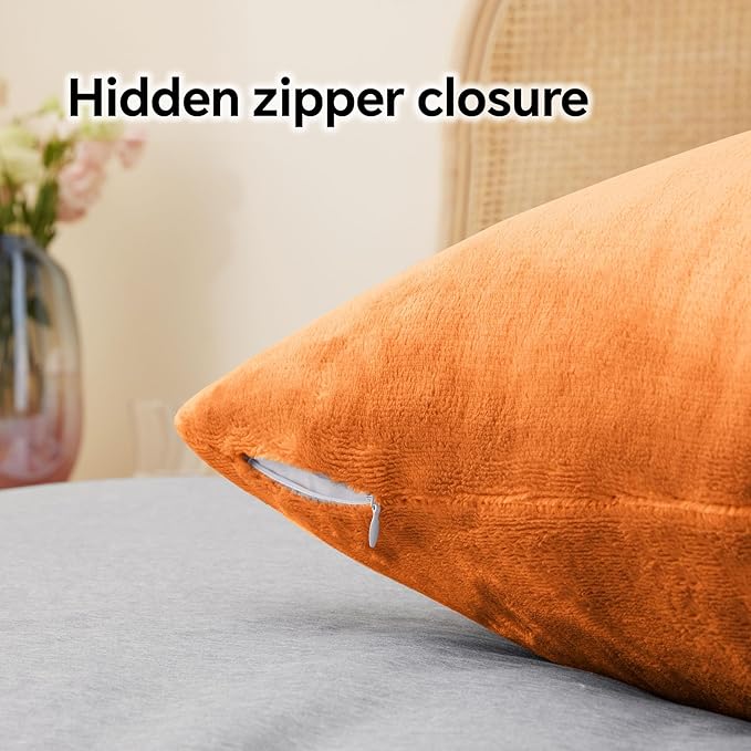 BEDELITE Flannel Pillowcases Standard Set of 2, Super Soft Fleece Pillow Case Cover with Zipper for Bedroom, Sofa, Luxury Cozy Fuzzy Velvet Pillow Shams for All Seasons(20x26 Inches, Burnt Orange)