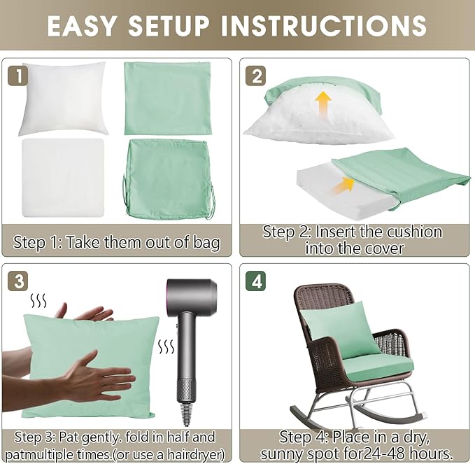 Outdoor Seat Cushion Set 24 x 24 In, Water-Resistant & Fade-Resistan, Patio Furniture Cushions with Removable Cover Deep Seat & Back Cushion with Handle and Adjustable Straps for Chair Sofa,1PC