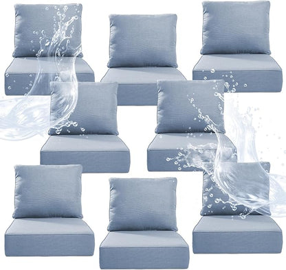 6" Thicker Outdoor Chair Cushion 8 Sets - 24" *24" *6" Waterproof Patio Furniture Cushions with Removable Cover, 28D High Density Sponge Filling Thicken Outdoor Patio Cushions - Baby Blue