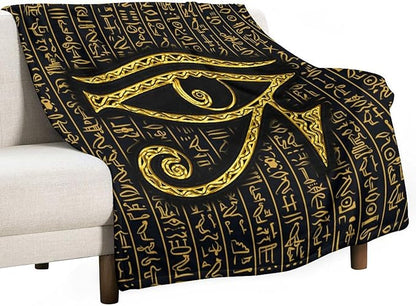 Ancient Egyptian Blanket, Egyptian Eye of Horus Ancient Culture Golden Egyptian Hieroglyphs Alphabet Print Blankets for Couch Sofa Bed Boys Mens, 50"x60"